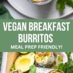 vegan breakfast burrito with tofu scramble wrapped in aluminum foil.