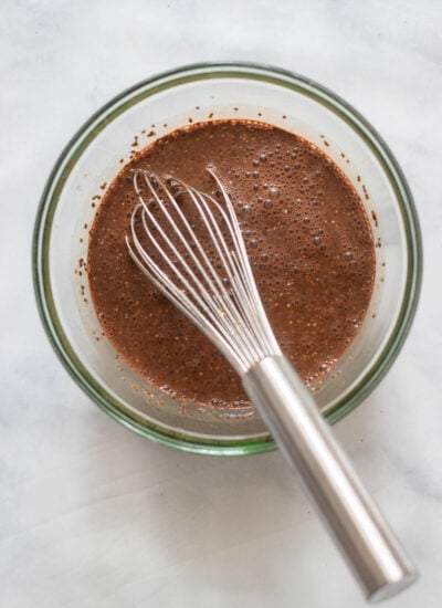 chia seed pudding mixed together in a bowl before chilling.