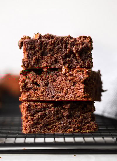 stacked vegan chocolate chip brownies