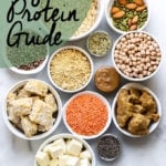 foods high in vegan protein in small bowls arranged on a white background.