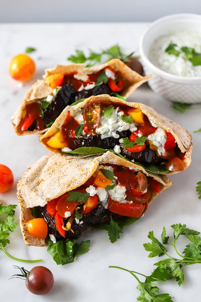 Roasted Eggplant and Pepper Pita Sandwich with tzatziki and feta | #vegetarian