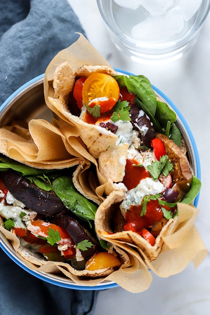 Roasted Eggplant and Pepper Pita Sandwich | The vegetarian sandwich is stuffed full of flavor!