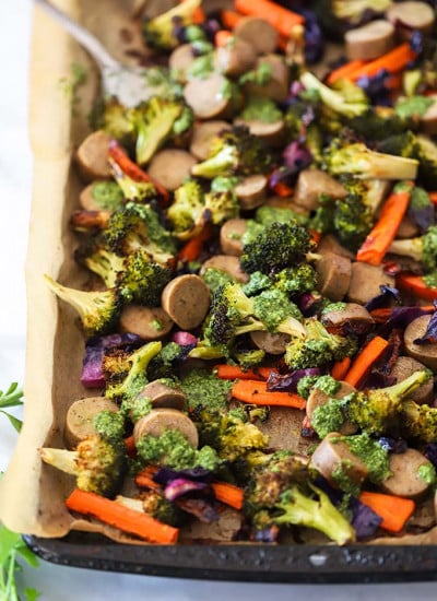 Sheet Pan Vegan Sausage and Veggies with Pesto