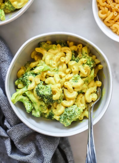 vegan macaroni and cheese with broccoli