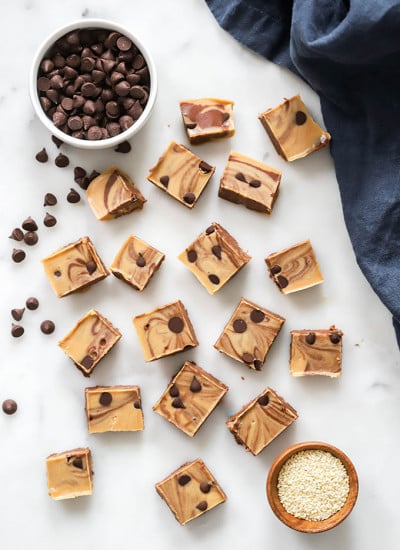 vegan chocolate tahini fudge on white background