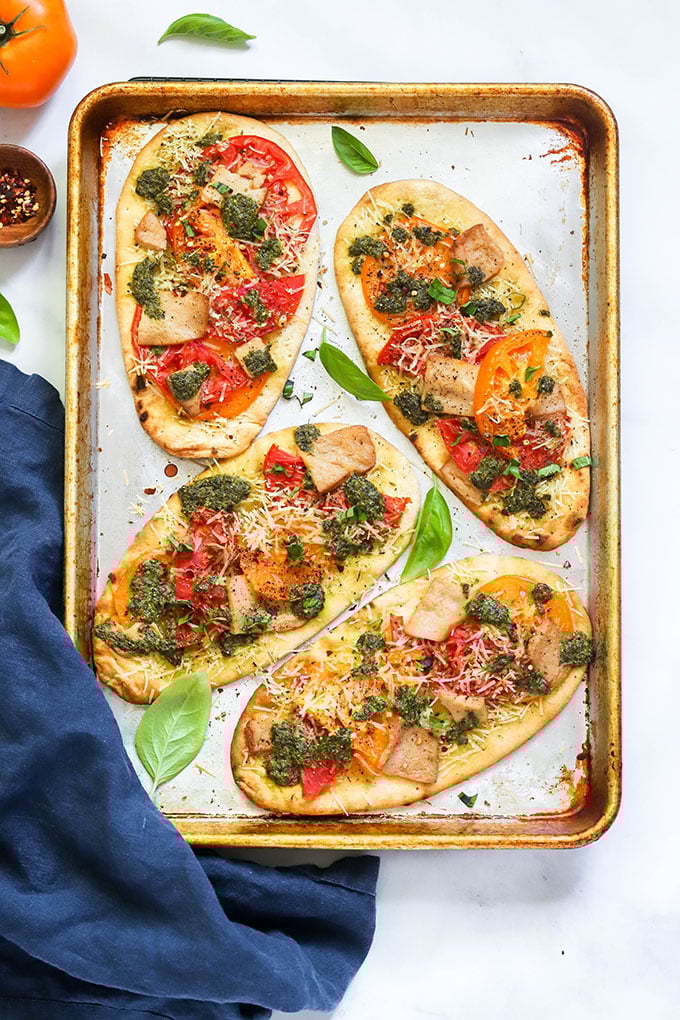 vegan caprese naan pizzas