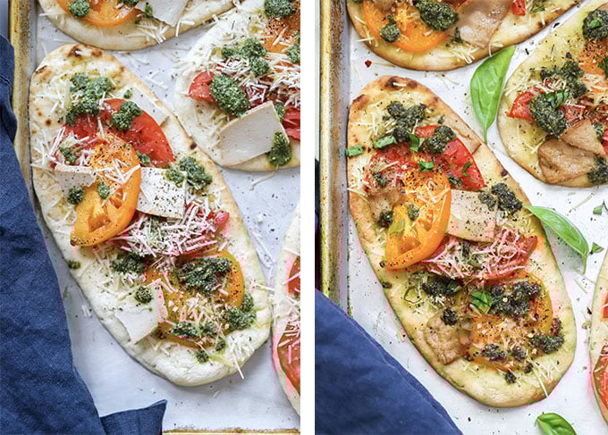 vegan caprese naan pizzas