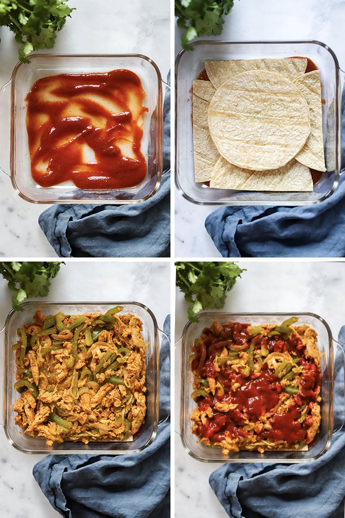 add enchilada sauce to the bottom of the baking dish then add layer of tortillas, layer of soy curls and repeat.