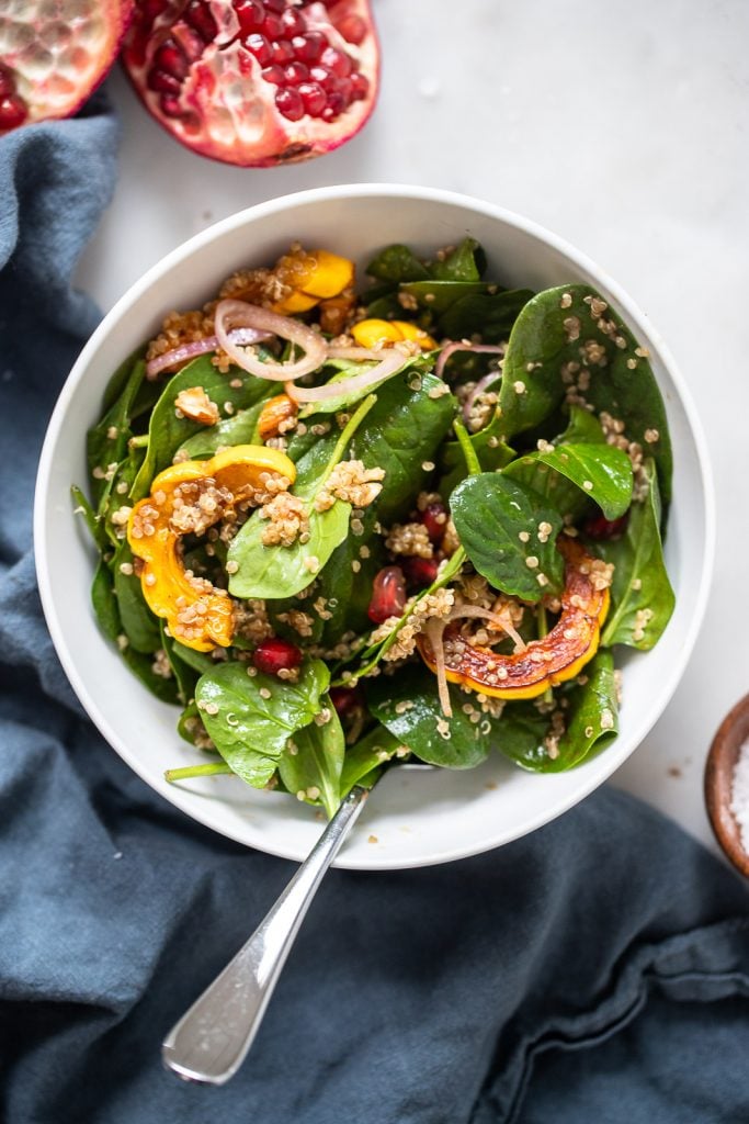 Roasted Delicata Squash, Pomegranate, and Spinach Salad