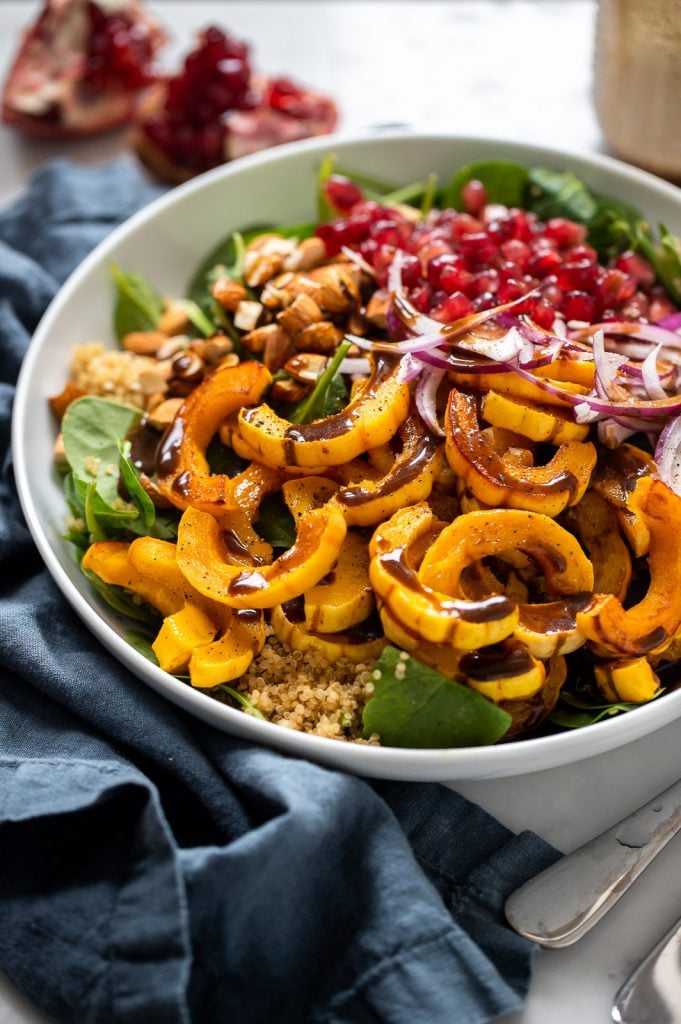 Roasted Delicata Squash, Pomegranate, and Spinach Salad