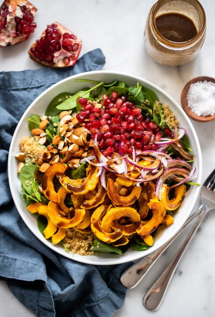 Roasted Delicata Squash, Pomegranate, and Spinach Salad