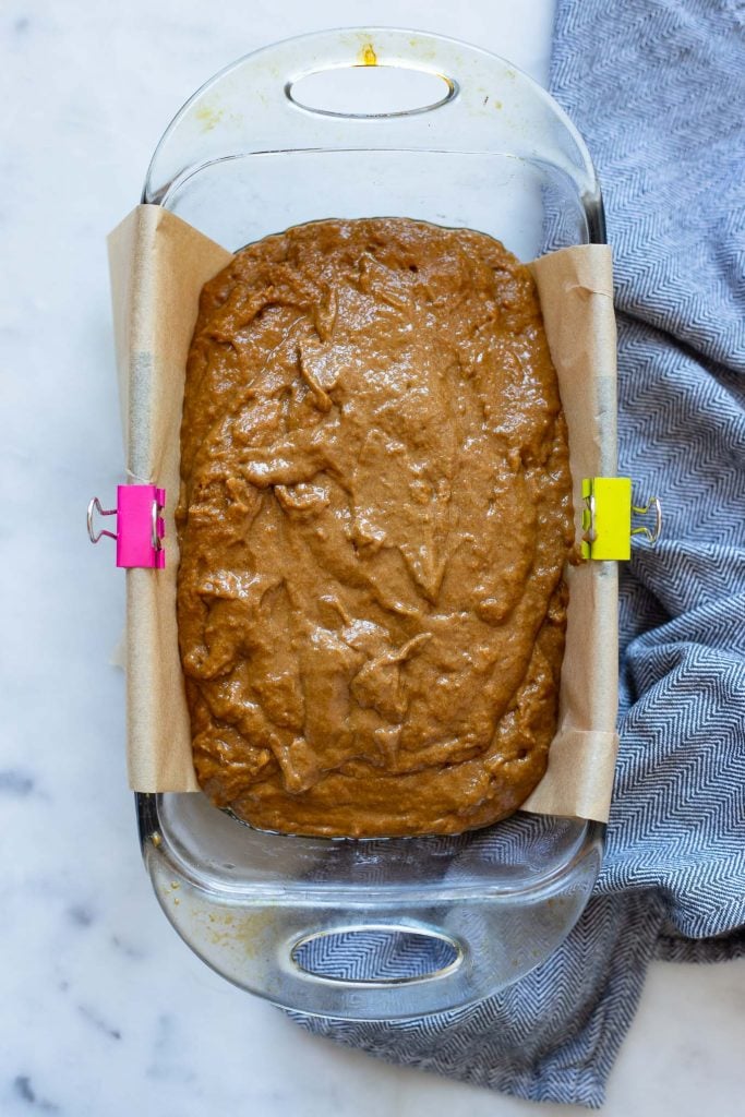 transfer dough to a glass loaf dish lined with parchment paper and bake.