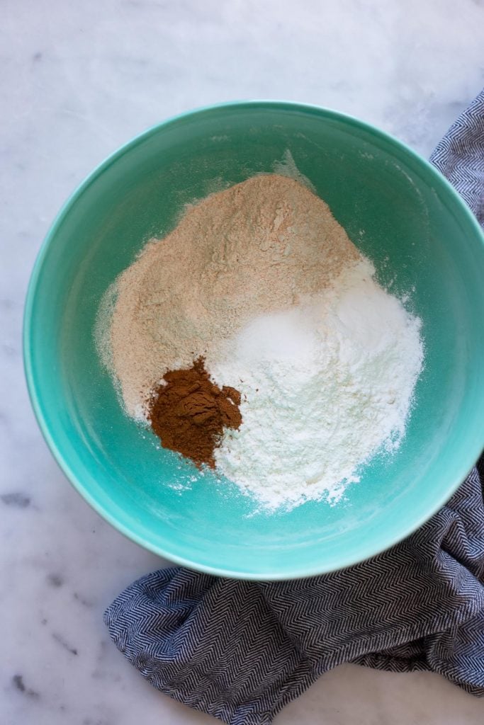 add the flours, spices, salt, and leavening to a bowl.