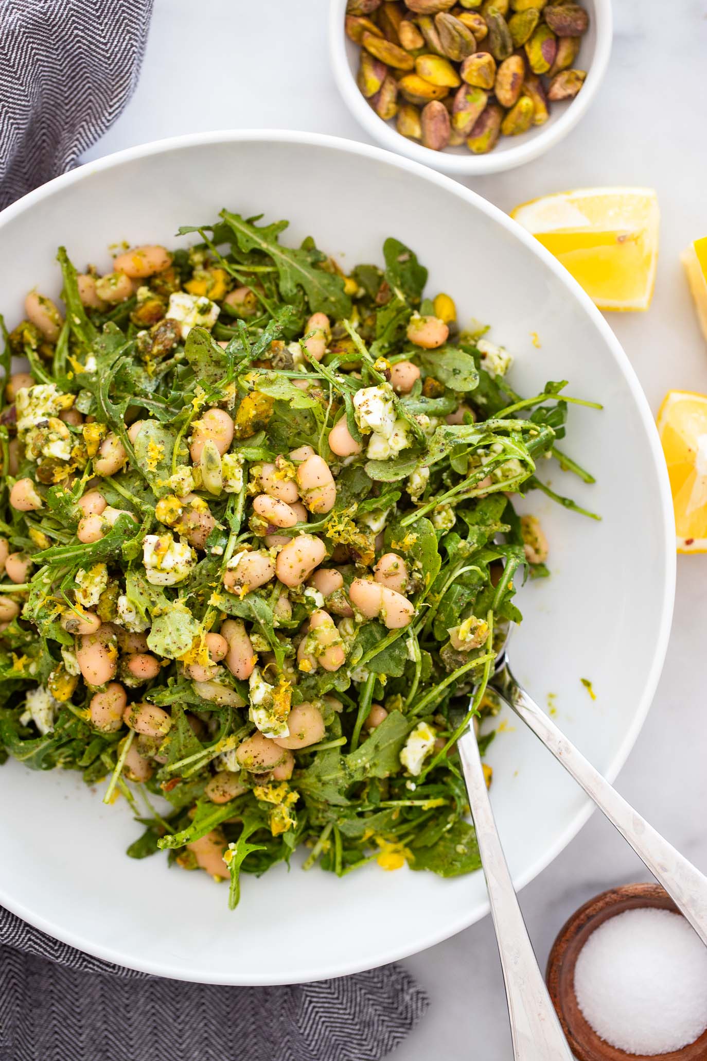 white bean pesto salad in a bowl
