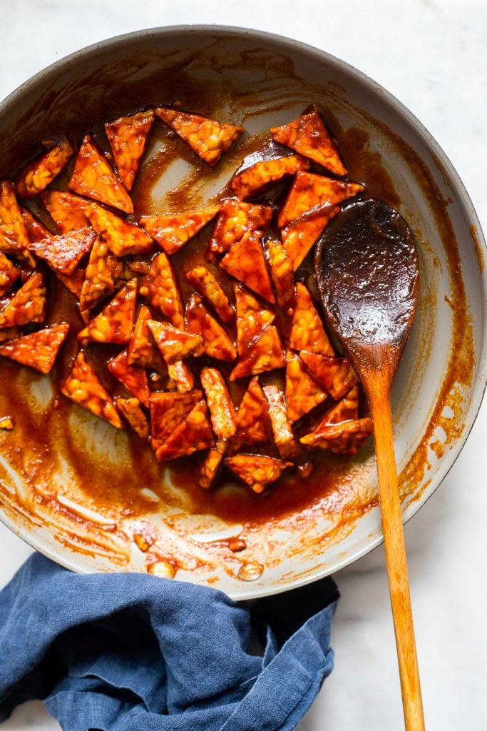 tempeh with BBQ sauce in skillet