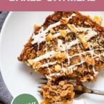 easy carrot cake baked oatmeal slice in a white bowl.