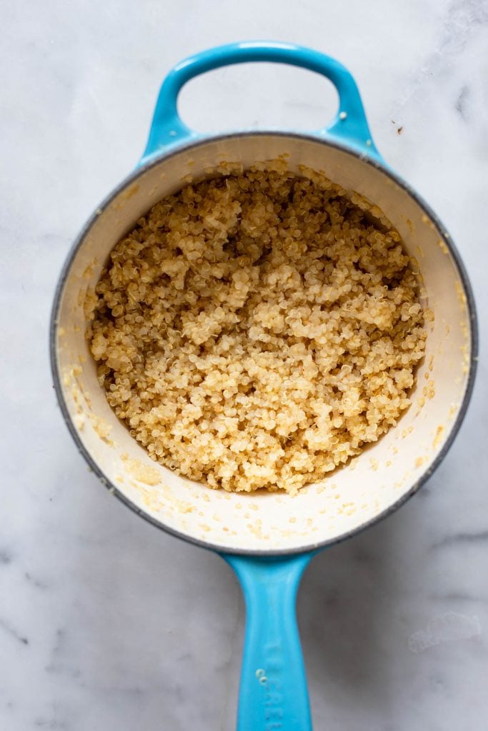 cooked quinoa in small saucepan