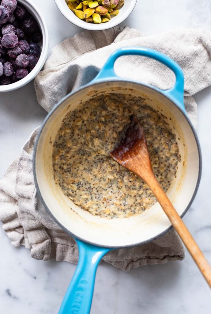 cooked oatmeal in saucepan