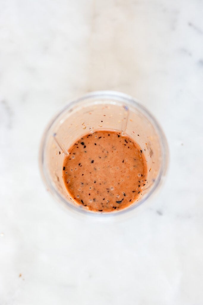 salad dressing in blender cup.