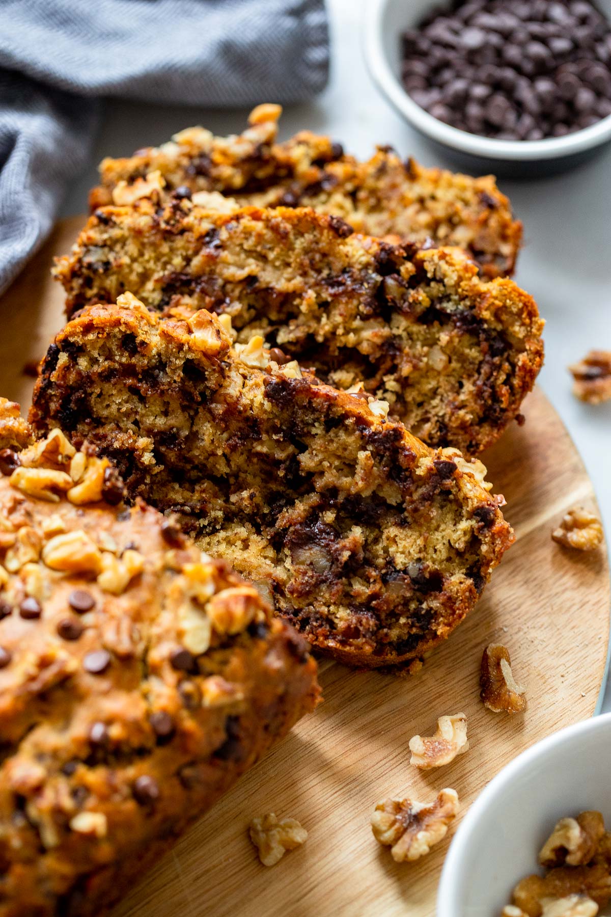 chocolate walnut banana bread sliced.