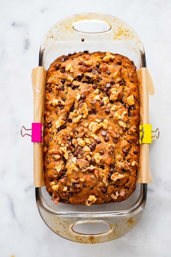 baked chocolate walnut banana bread in loaf pan