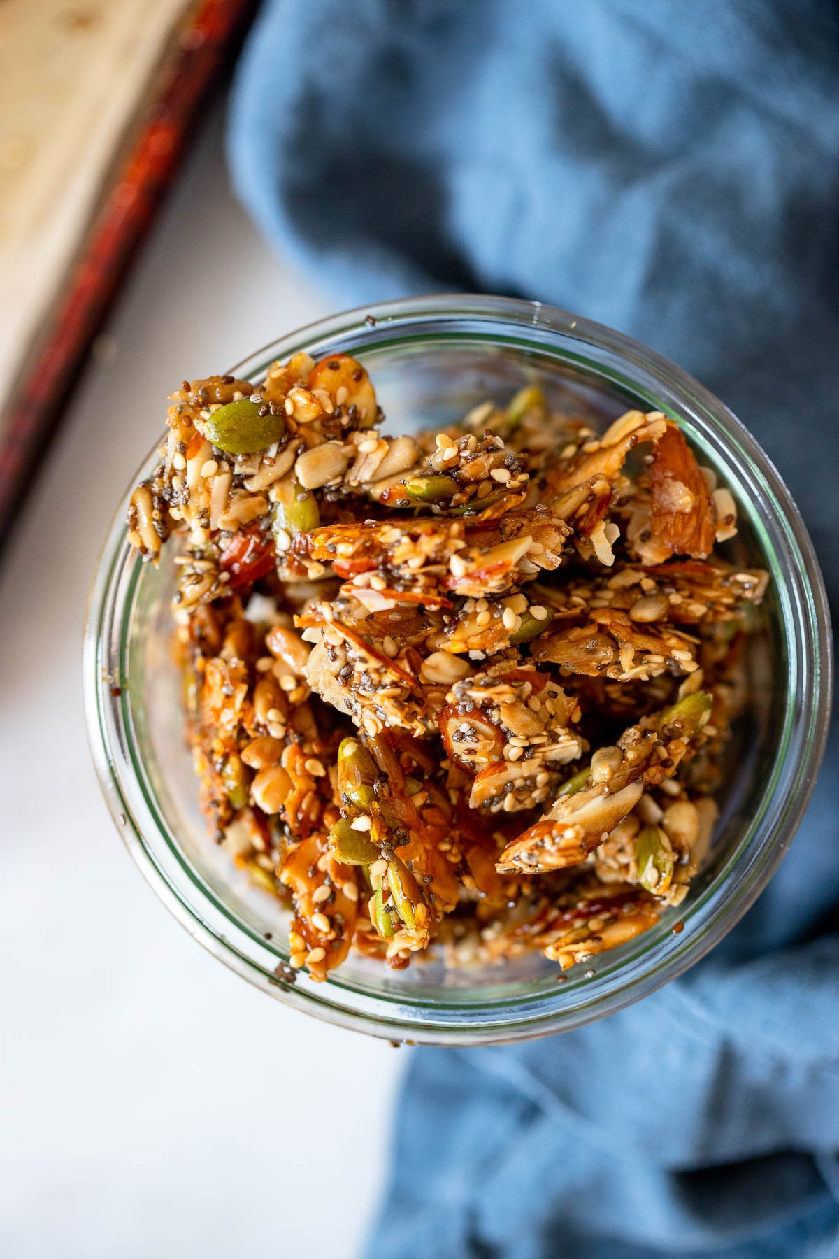 grain free granola clusters in a glass jar. 