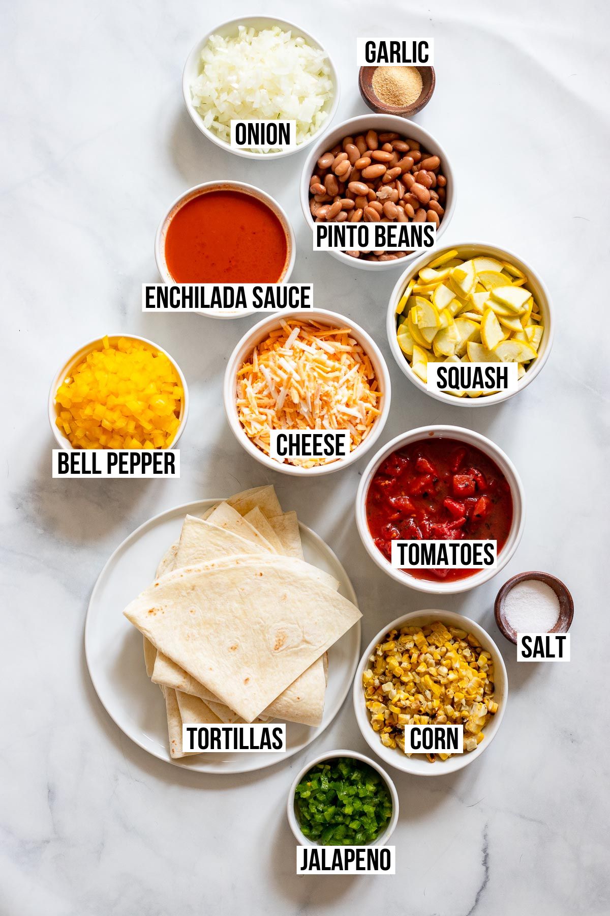 enchilada casserole ingredients with labels.