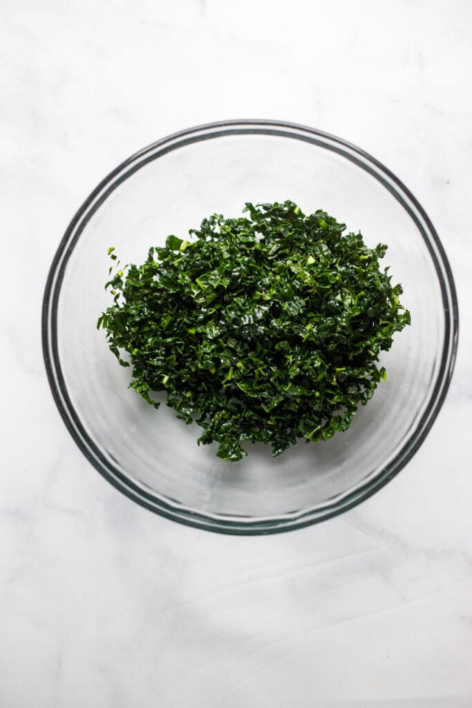 kale leaves cut into fine strips and massaged.