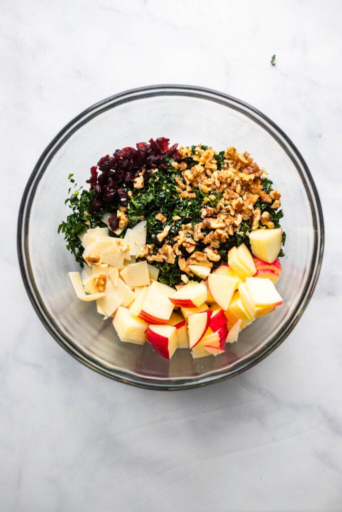salad ingredients arranged in a large mixing bowl.