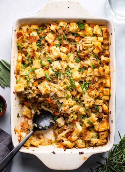 vegetarian stuffing in baking dish.