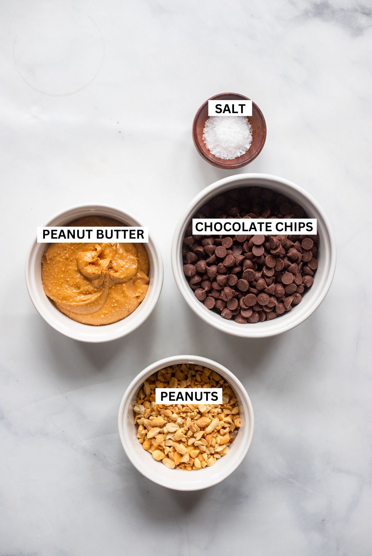 chocolate peanut butter fudge ingredients in small bowls with labels.