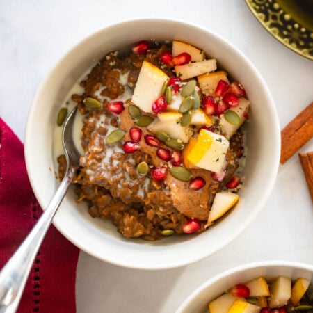 gingerbread oatmeal in a white bowl.