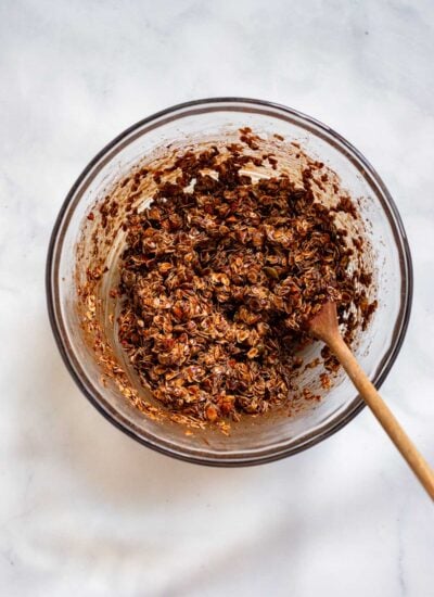 chocolate granola ingredients in large bowl stirred together. 