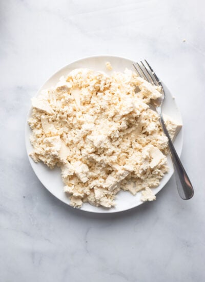 crumbled tofu on a plate. 