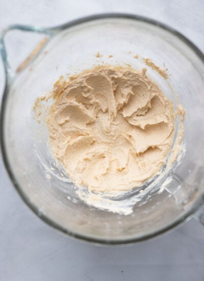 butter and sugars creamed together in mixing bowl.