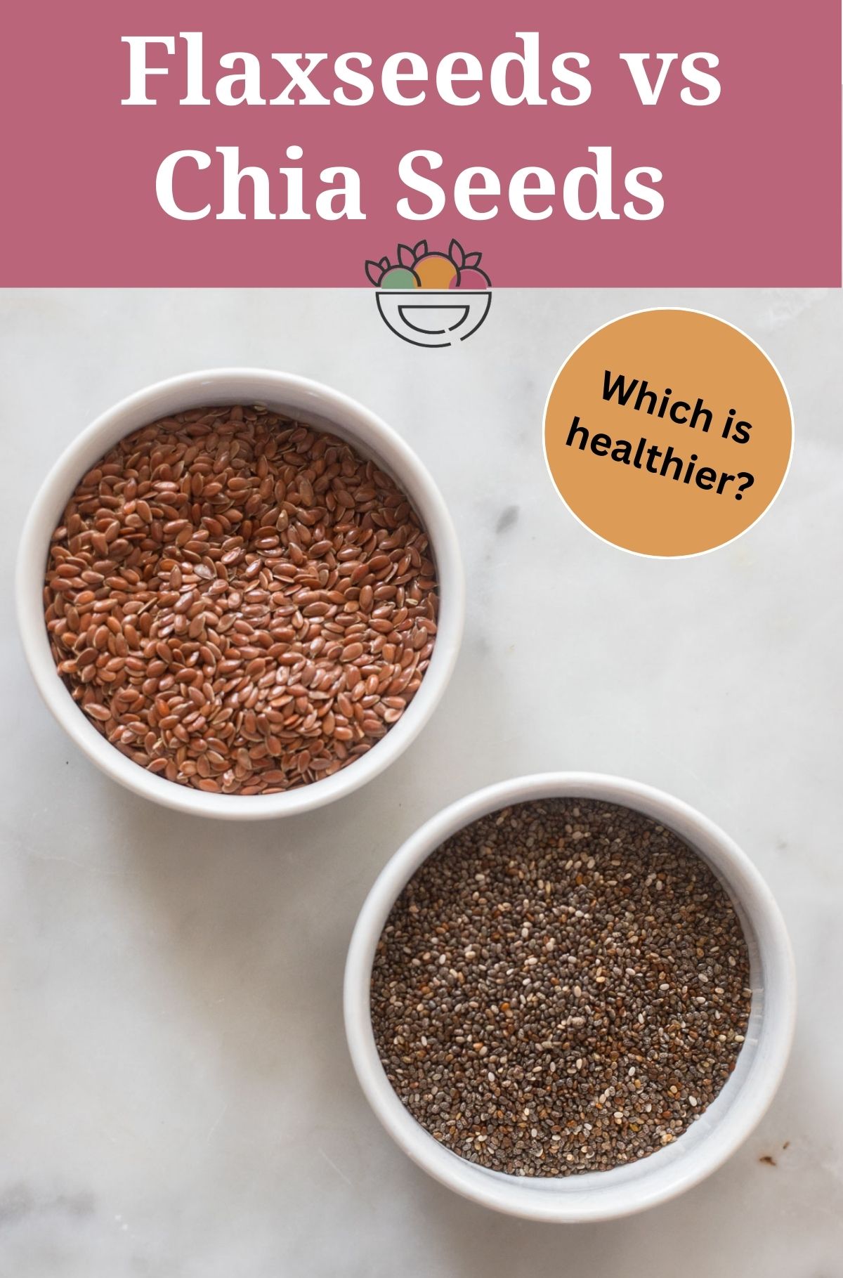 header image of flaxseeds and chia seeds in bowls with text overlay that says which is healthier.