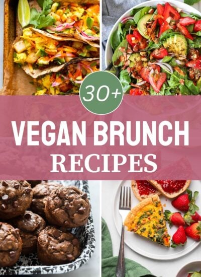 vegan brunch recipe collage with text overlay.