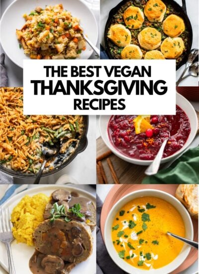 collage of 6 vegan thanksgiving dishes.